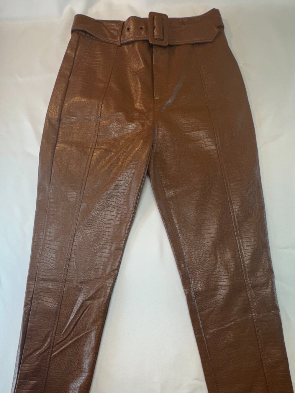 Windsor Brown Croc Embossed Faux Leather Pants w/ Belt High Rise Straight Leg M